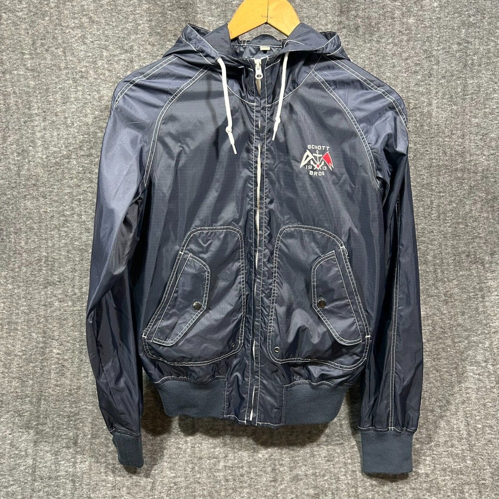 Schott Bros Large Windbreaker Rain Jacket Bomber Style Hooded Navy Blue VTG 90s